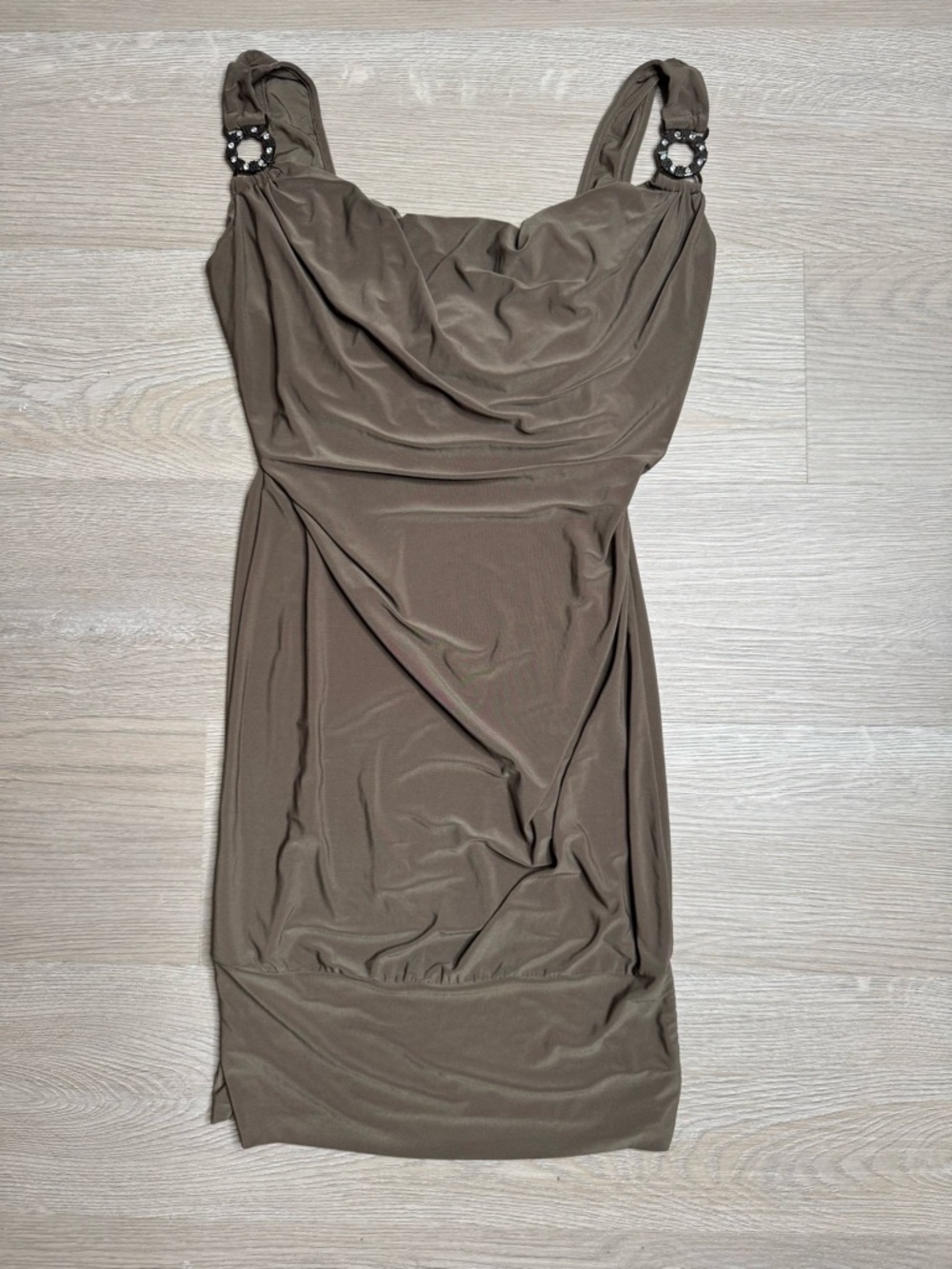 Italian Made Taupe Bodycon Dress Ruched Stretch Cowl Neck Rhinestone Strap Small